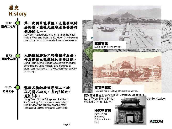 歷史 History 1847 道光二七年 第一次鴉片戰爭後，九龍寨城開 始興建。隨後九龍城成為香港四 個海關之一。 Kowloon Walled City was built after the