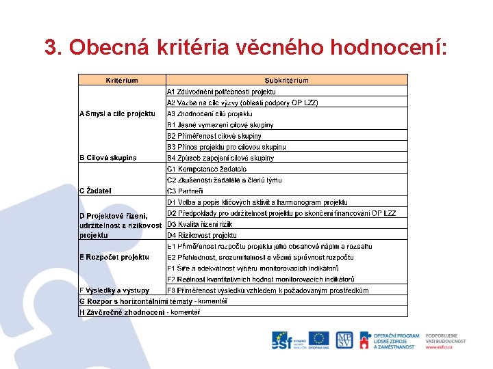 3. Obecná kritéria věcného hodnocení: 