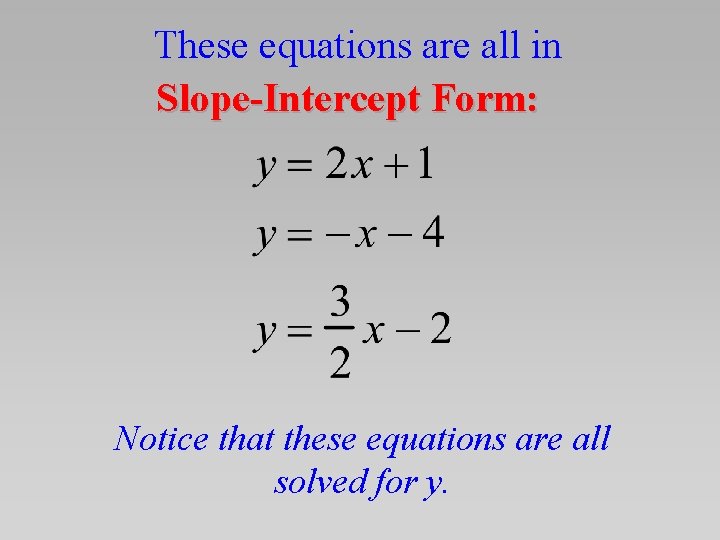 These equations are all in Slope-Intercept Form: Notice that these equations are all solved