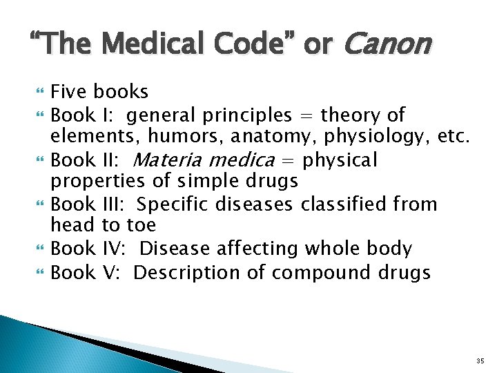 “The Medical Code” or Canon Five books Book I: general principles = theory of