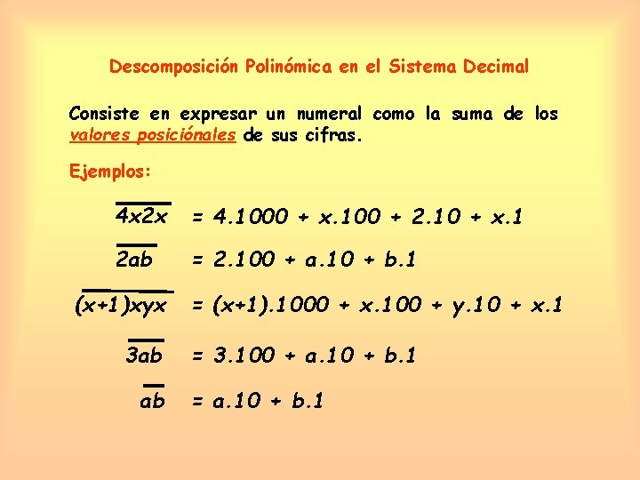 Descomposición Polinómica en el Sistema Decimal Consiste en expresar un numeral como la suma