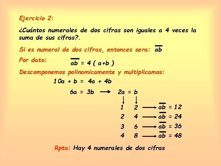 Ejercicio 2: ¿Cuántos numerales de dos cifras son iguales a 4 veces la suma