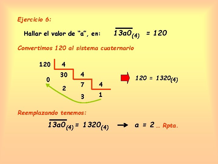 Ejercicio 6: Hallar el valor de “a”, en: 13 a 0 (4) = 120