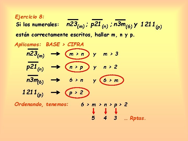 Ejercicio 8: Si los numerales: n 23(m) ; p 21 (n) ; n 3