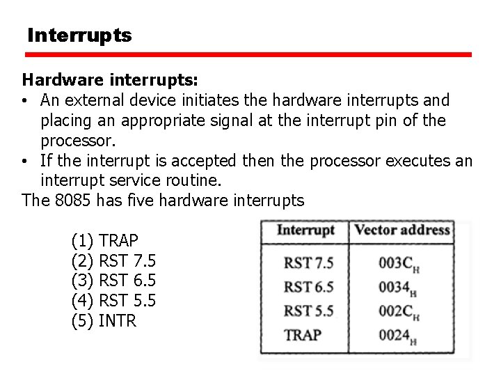 Interrupts Hardware interrupts: • An external device initiates the hardware interrupts and placing an