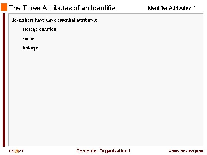 The Three Attributes of an Identifier Attributes 1 Identifiers have three essential attributes: storage