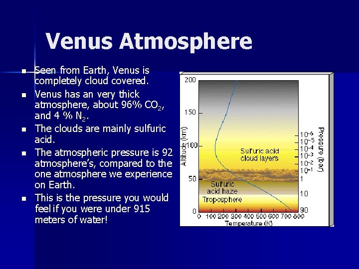 Venus Atmosphere n n n Seen from Earth, Venus is completely cloud covered. Venus