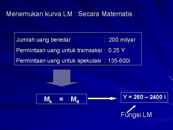 Menemukan kurva LM : Secara Matematis Jumlah uang beredar : 200 milyar Permintaan uang