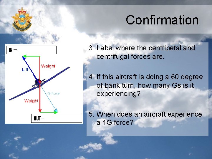 Confirmation 3. Label where the centripetal and centrifugal forces are. 4. If this aircraft