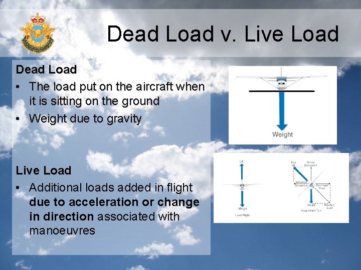 Dead Load v. Live Load Dead Load • The load put on the aircraft