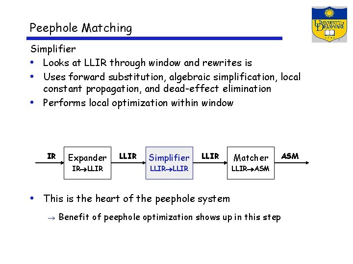 Peephole Matching Simplifier • Looks at LLIR through window and rewrites is • Uses