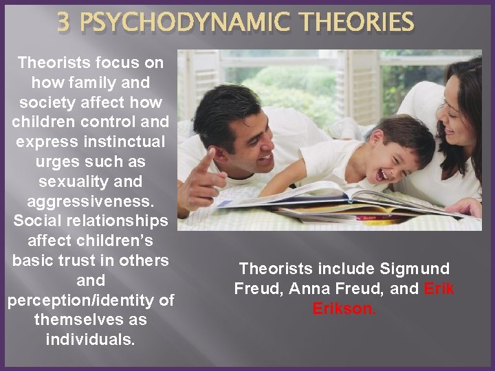 3 PSYCHODYNAMIC THEORIES Theorists focus on how family and society affect how children control