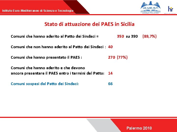 Istituto Euro-Mediterraneo di Scienza e Tecnologia Stato di attuazione dei PAES in Sicilia Comuni