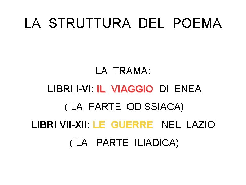 LA STRUTTURA DEL POEMA LA TRAMA: LIBRI I-VI: IL VIAGGIO DI ENEA ( LA