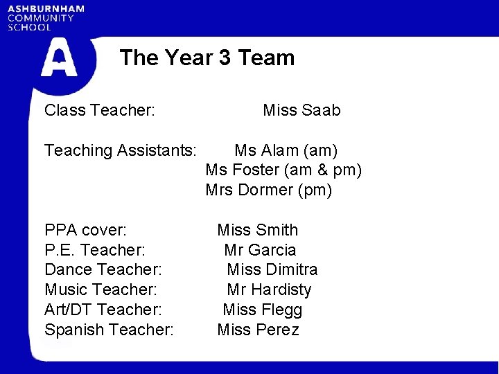 The Year 3 Team Class Teacher: Teaching Assistants: PPA cover: P. E. Teacher: Dance
