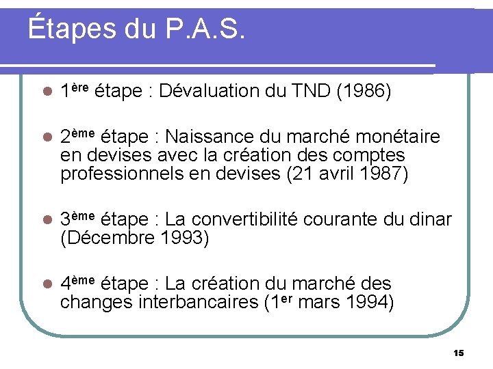 Étapes du P. A. S. l 1ère étape : Dévaluation du TND (1986) l