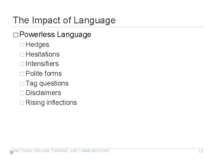 The Impact of Language � Powerless Language � Hedges � Hesitations � Intensifiers �