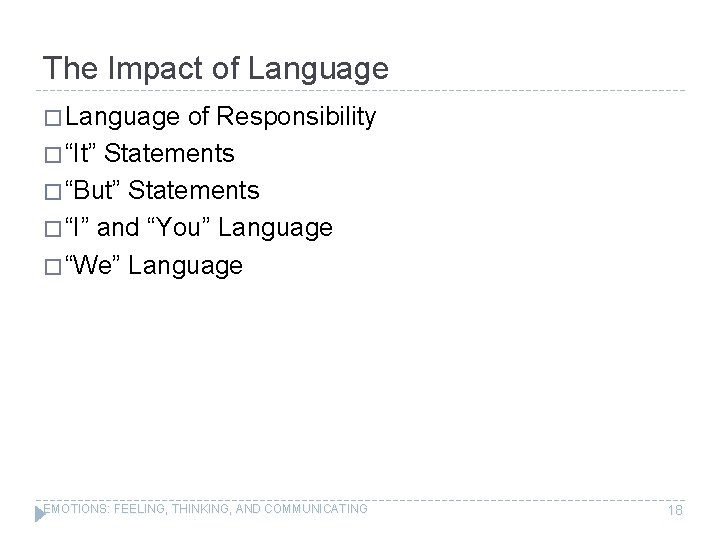 The Impact of Language � Language of Responsibility � “It” Statements � “But” Statements
