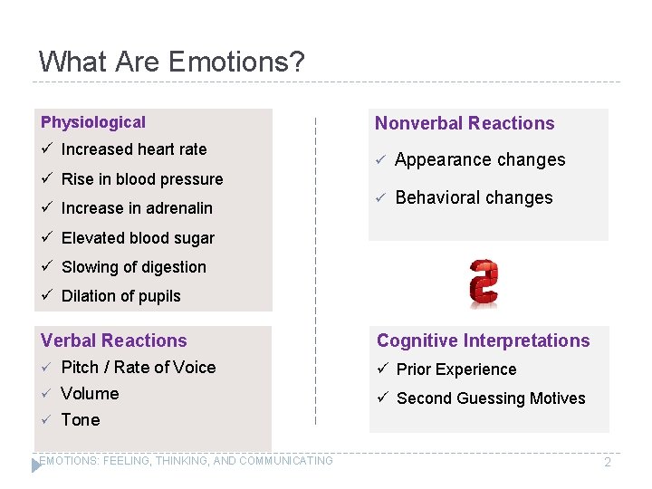 What Are Emotions? Physiological ü Increased heart rate Nonverbal Reactions ü Appearance changes ü