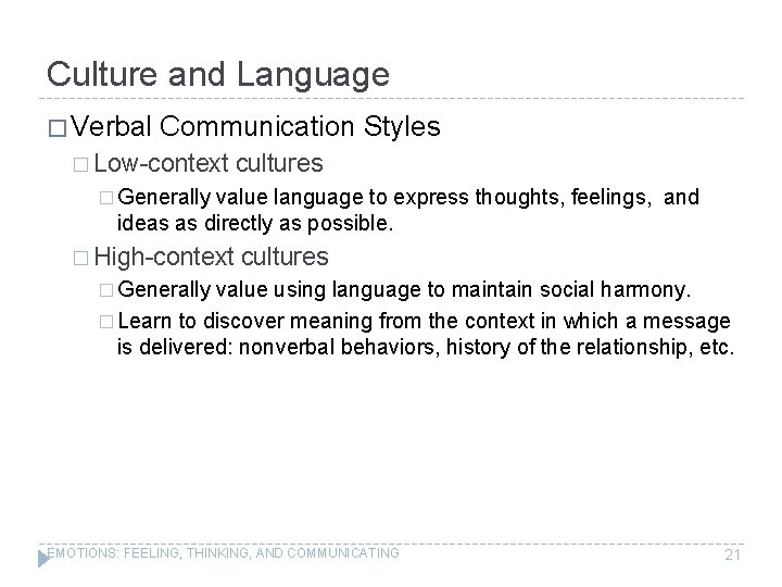 Culture and Language � Verbal Communication Styles � Low-context cultures � Generally value language