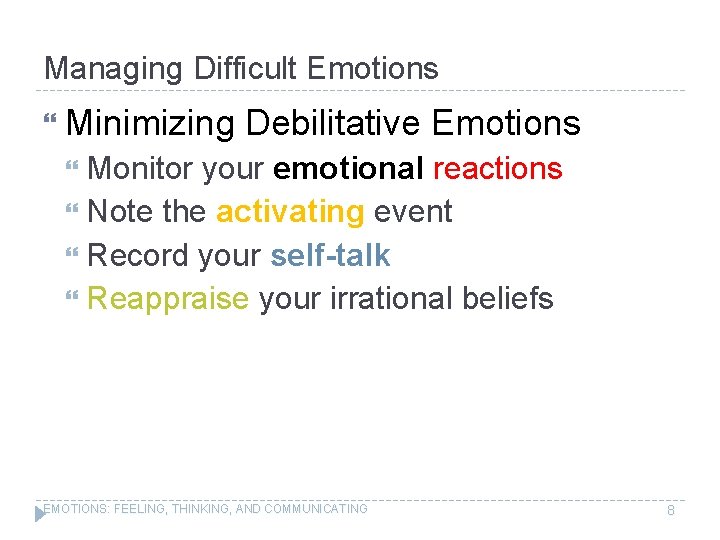 Managing Difficult Emotions Minimizing Debilitative Emotions Monitor your emotional reactions Note the activating event