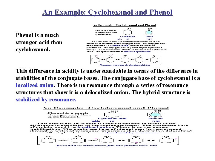 An Example: Cyclohexanol and Phenol is a much stronger acid than cyclohexanol. This difference