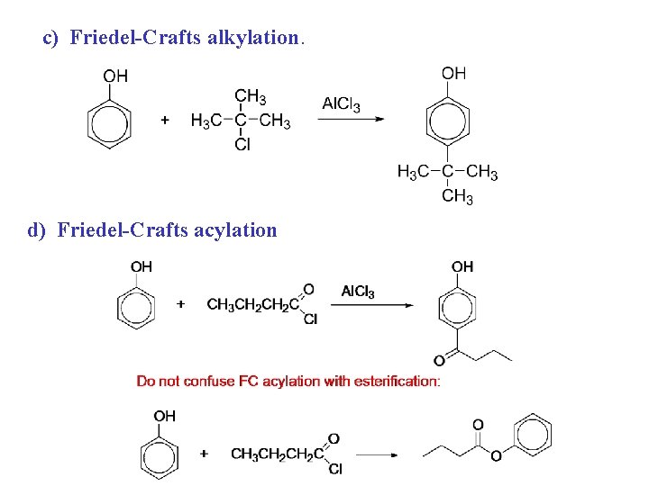 c) Friedel-Crafts alkylation. d) Friedel-Crafts acylation 