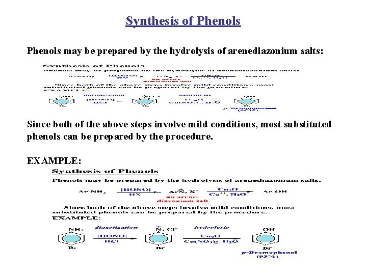 Synthesis of Phenols may be prepared by the hydrolysis of arenediazonium salts: Since both