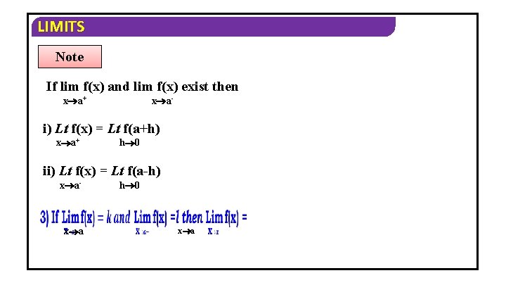 LIMITS Note If lim f(x) and lim f(x) exist then x a+ x a-