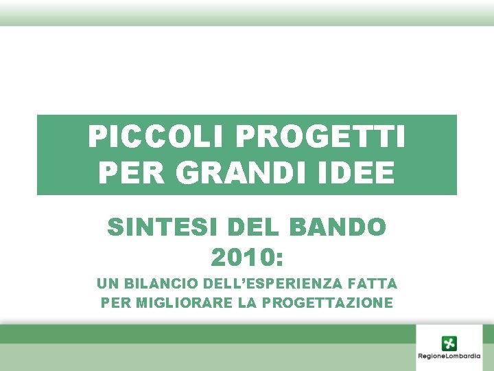 PICCOLI PROGETTI PER GRANDI IDEE SINTESI DEL BANDO 2010: UN BILANCIO DELL’ESPERIENZA FATTA PER