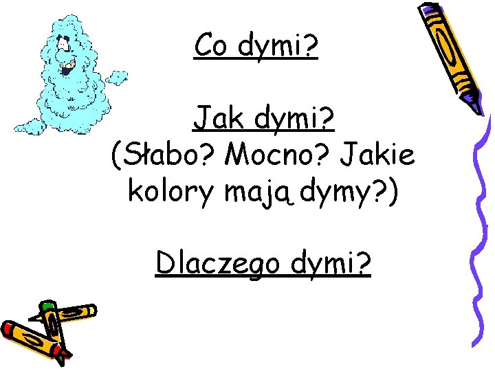 Co dymi? Jak dymi? (Słabo? Mocno? Jakie kolory mają dymy? ) Dlaczego dymi? 