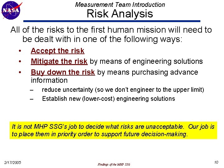 Measurement Team Introduction Risk Analysis All of the risks to the first human mission