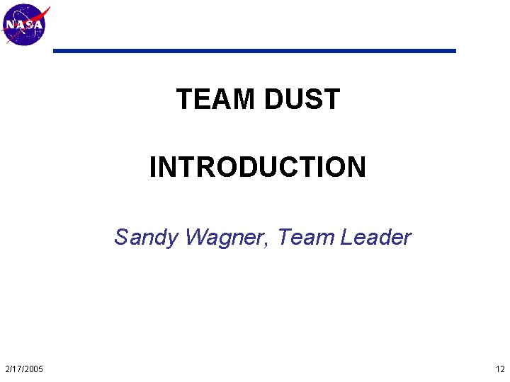 Mars Technology Program TEAM DUST INTRODUCTION Sandy Wagner, Team Leader 2/17/2005 12 