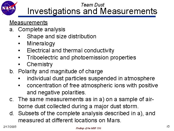 Team Dust Investigations and Measurements a. Complete analysis • Shape and size distribution •