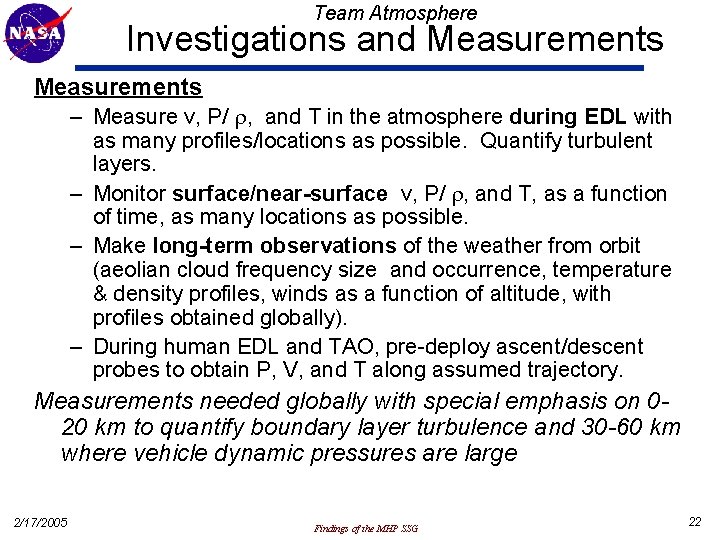 Team Atmosphere Investigations and Measurements – Measure v, P/ , and T in the