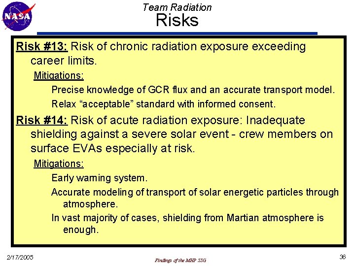 Team Radiation Risks Risk #13: Risk of chronic radiation exposure exceeding career limits. Mitigations: