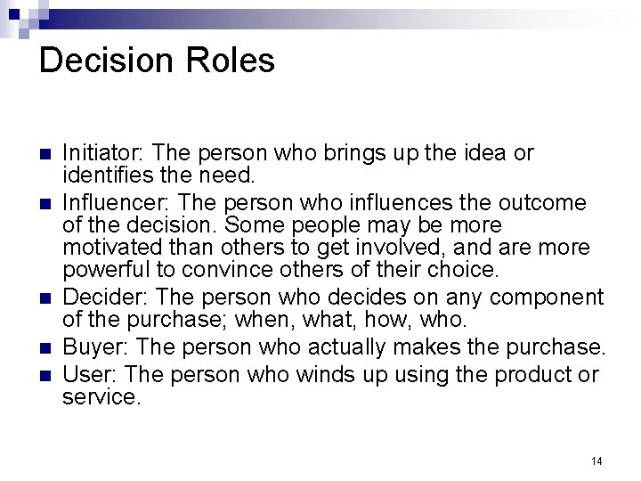 Decision Roles n n n Initiator: The person who brings up the idea or