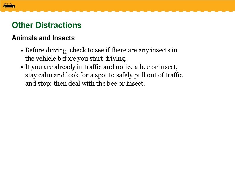 Other Distractions Animals and Insects • Before driving, check to see if there any