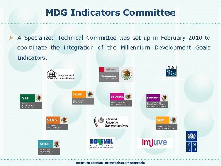 MDG Indicators Committee Ø A Specialized Technical Committee was set up in February 2010