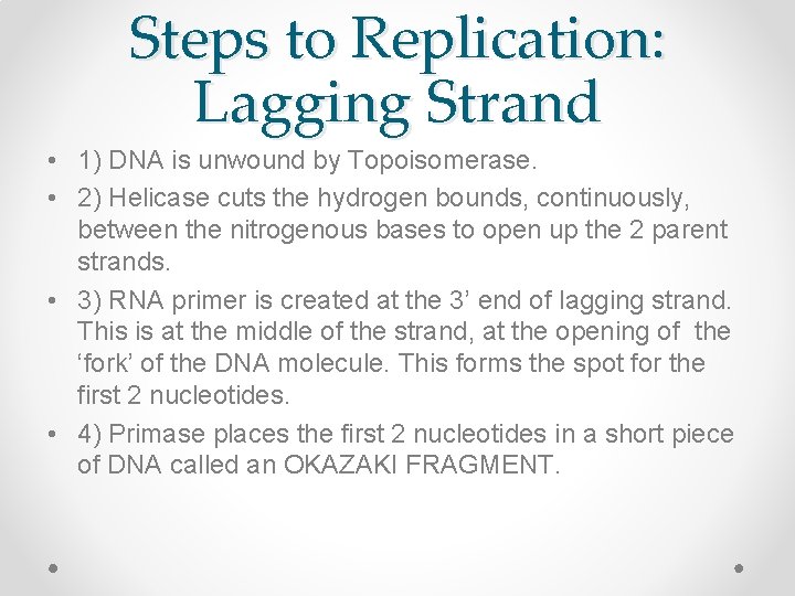 Steps to Replication: Lagging Strand • 1) DNA is unwound by Topoisomerase. • 2)