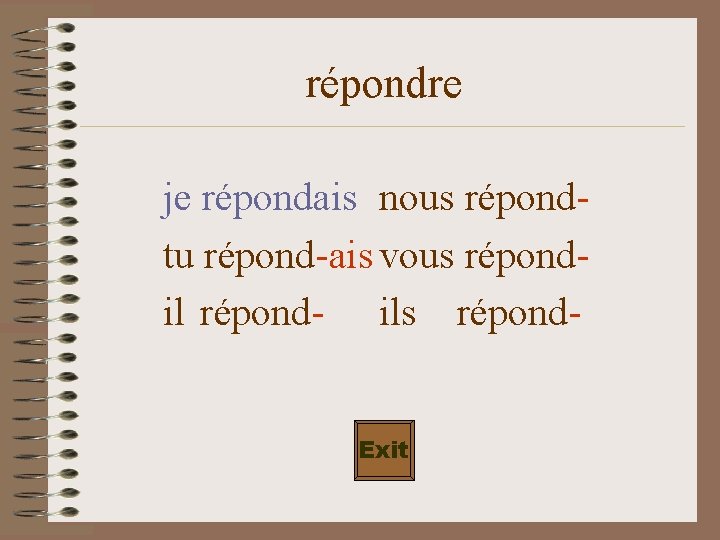 répondre je répondais nous répondtu répond-ais vous répondil répond- ils répond. Exit 