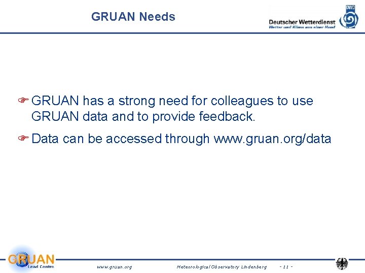 GRUAN Needs F GRUAN has a strong need for colleagues to use GRUAN data GRUAN Needs F GRUAN has a strong need for colleagues to use GRUAN data