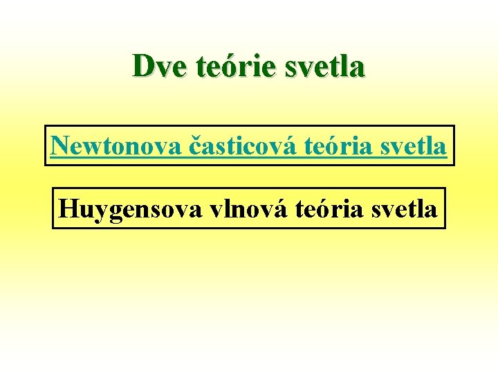 Dve teórie svetla Newtonova časticová teória svetla Huygensova vlnová teória svetla 
