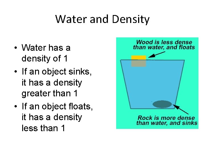 Water and Density • Water has a density of 1 • If an object