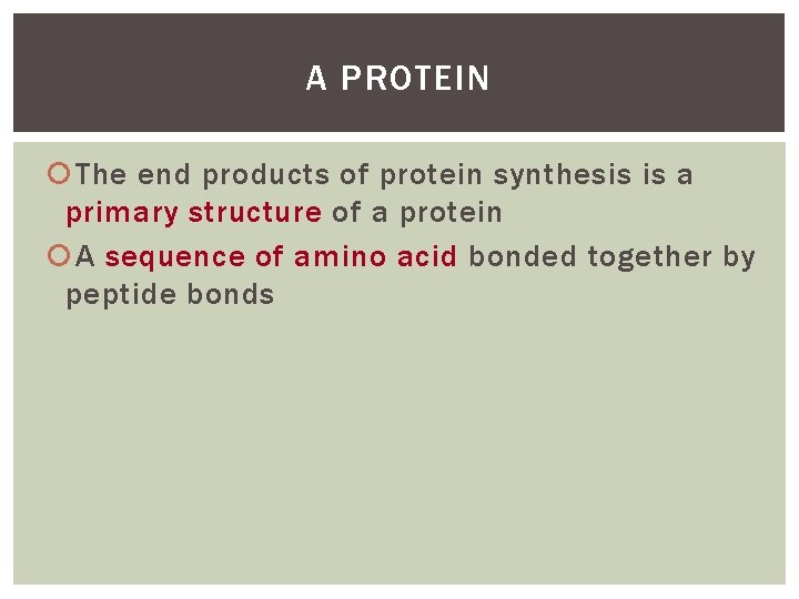 A PROTEIN The end products of protein synthesis is a primary structure of a