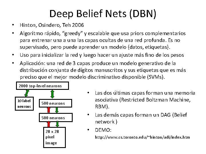 Deep Belief Nets (DBN) • Hinton, Osindero, Teh 2006 • Algoritmo rápido, “greedy” y