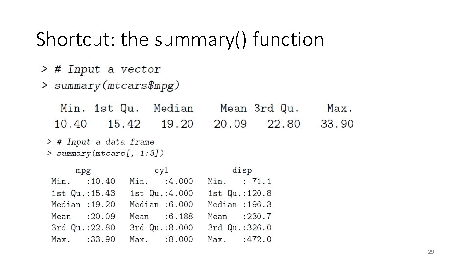 Shortcut: the summary() function 29 