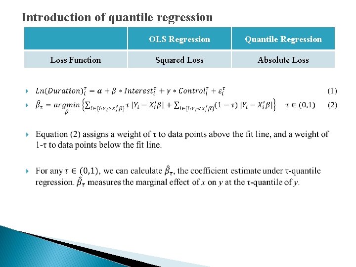 Introduction of quantile regression � Loss Function OLS Regression Quantile Regression Squared Loss Absolute