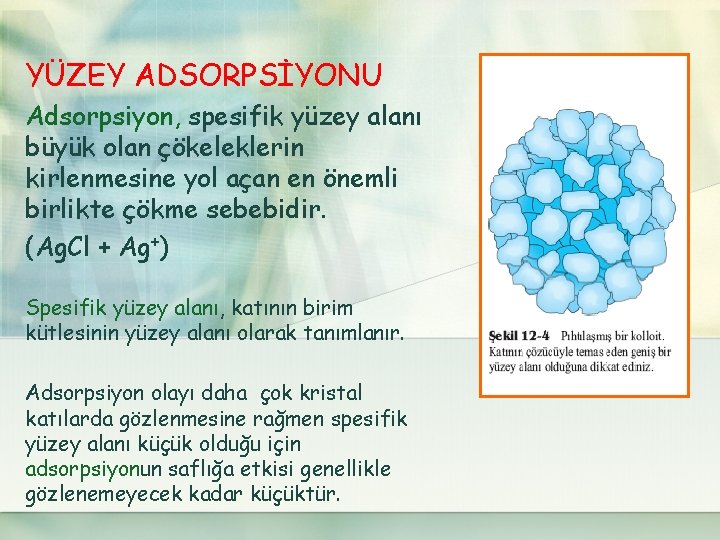 YÜZEY ADSORPSİYONU Adsorpsiyon, spesifik yüzey alanı büyük olan çökeleklerin kirlenmesine yol açan en önemli