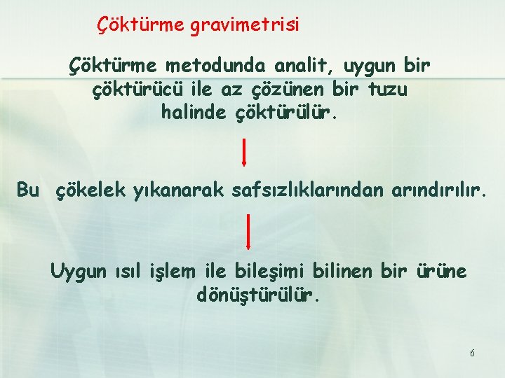 Çöktürme gravimetrisi Çöktürme metodunda analit, uygun bir çöktürücü ile az çözünen bir tuzu halinde